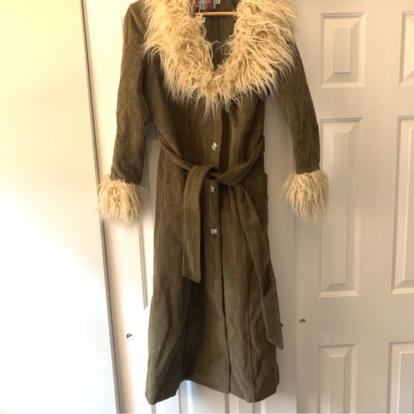 Urban Outfitters Tasha Olive Penny Lane Coat Faux Fur Corduroy Longline Small - Picture 1 of 15